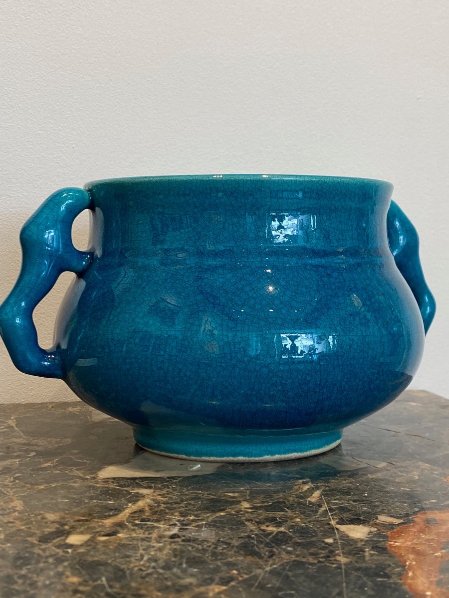 Pol Chambost (1906-1983), Coupe Aux Anses Animalières En émaux Craquelés Bleus Chinois