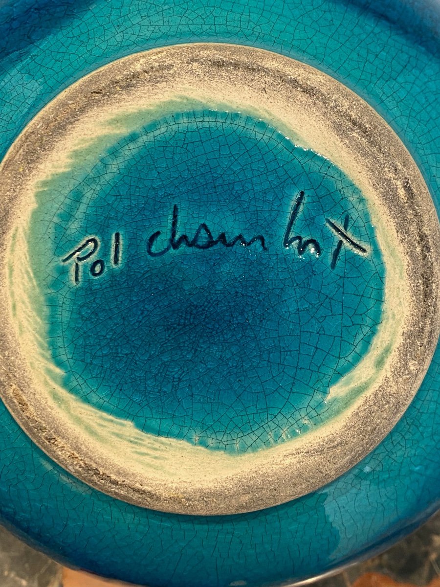 Pol Chambost (1906-1983), Coupe Aux Anses Animalières En émaux Craquelés Bleus Chinois