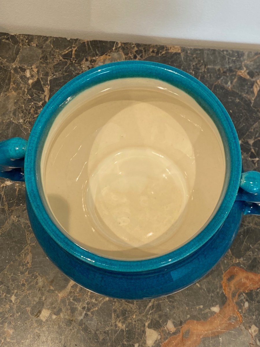 Pol Chambost (1906-1983), Coupe Aux Anses Animalières En émaux Craquelés Bleus Chinois