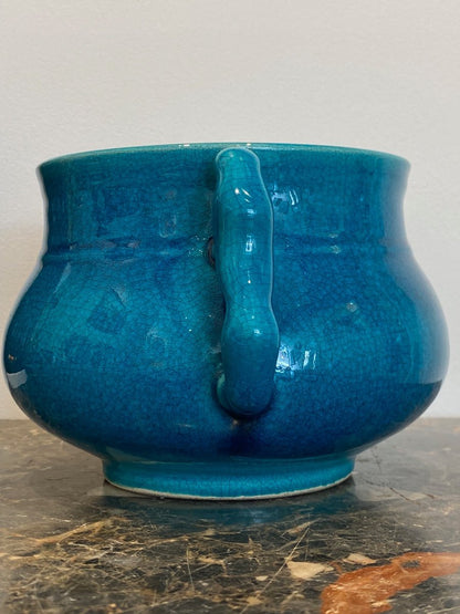 Pol Chambost (1906-1983), Coupe Aux Anses Animalières En émaux Craquelés Bleus Chinois