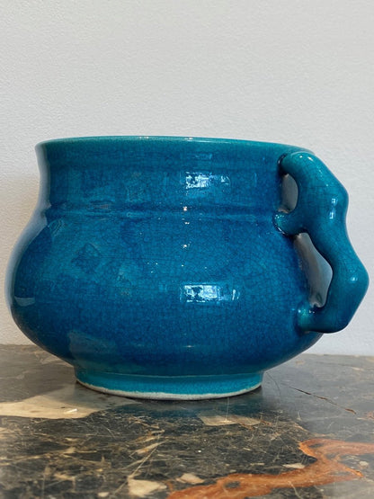 Pol Chambost (1906-1983), Coupe Aux Anses Animalières En émaux Craquelés Bleus Chinois