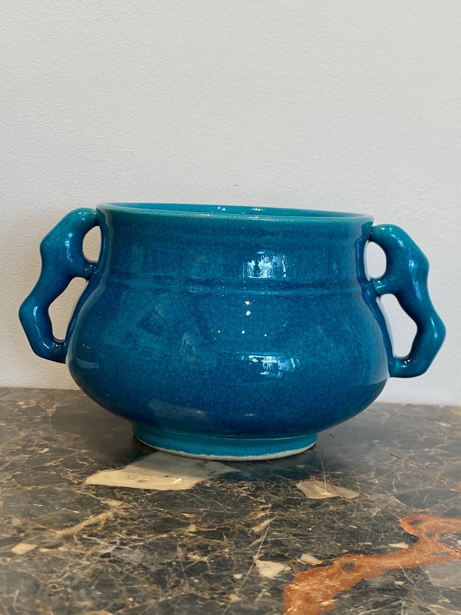 Pol Chambost (1906-1983), Coupe Aux Anses Animalières En émaux Craquelés Bleus Chinois