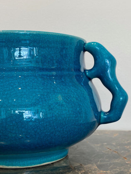 Pol Chambost (1906-1983), Coupe Aux Anses Animalières En émaux Craquelés Bleus Chinois