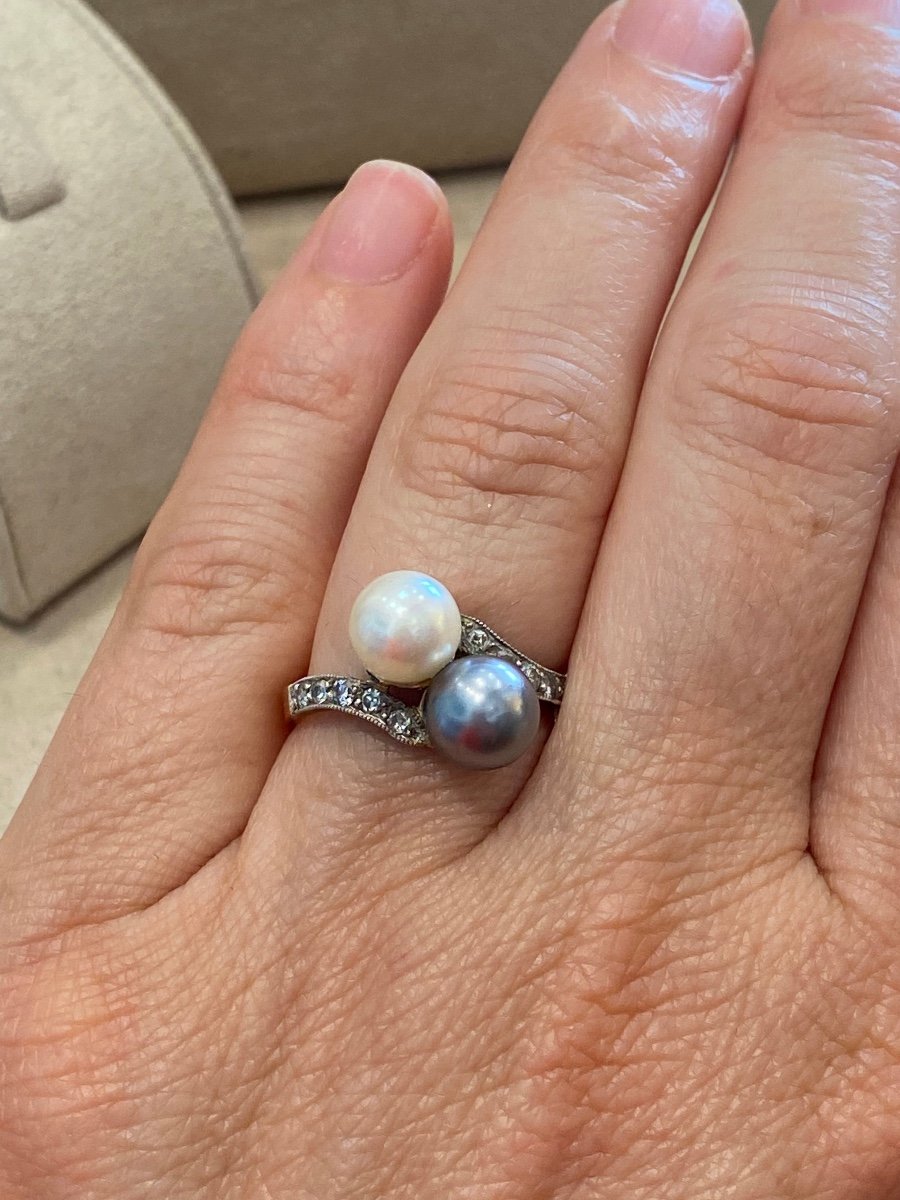 Antique You &amp; Me Ring with Tahitian Pearl and Diamonds