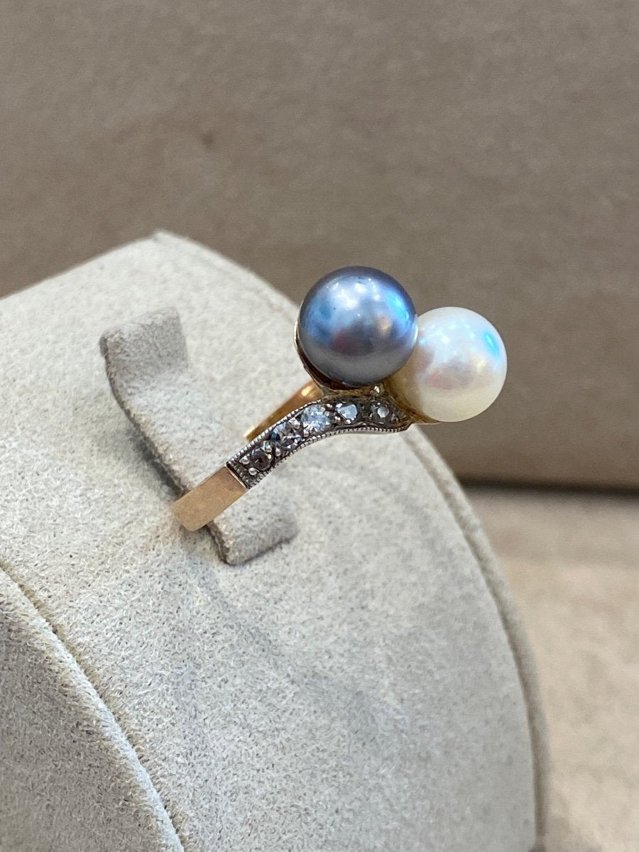 Antique You &amp; Me Ring with Tahitian Pearl and Diamonds