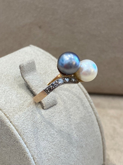 Antique You &amp; Me Ring with Tahitian Pearl and Diamonds