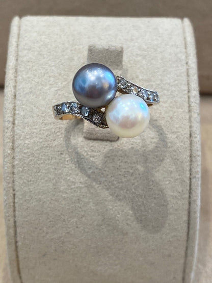 Antique You &amp; Me Ring with Tahitian Pearl and Diamonds