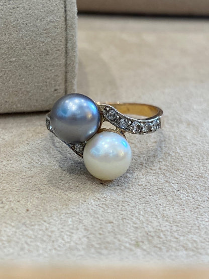 Antique You &amp; Me Ring with Tahitian Pearl and Diamonds