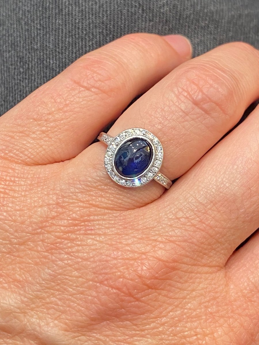 Bague Art Déco Saphir En Cabochon Et Diamants