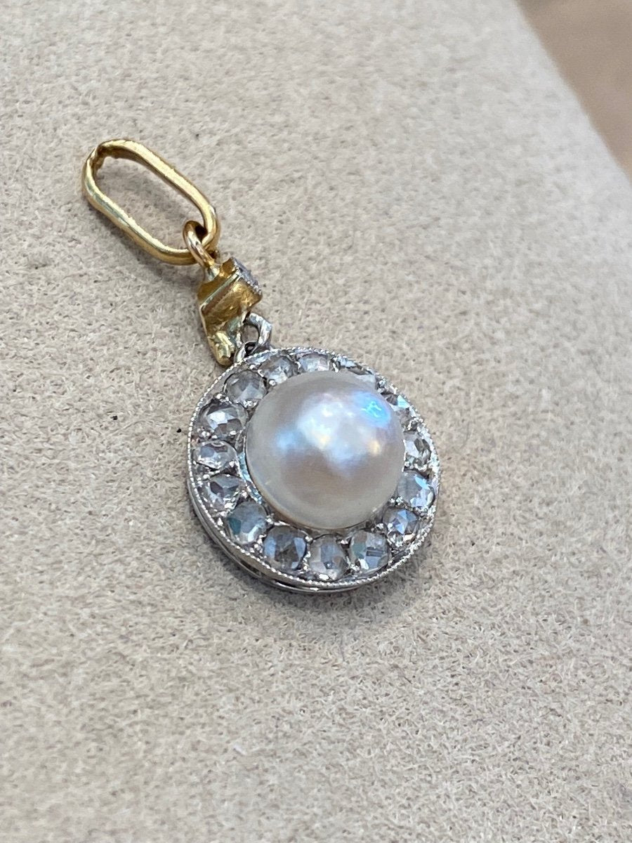 Pendentif Ancien En Perle De Culture Et Diamants Taille Rose
