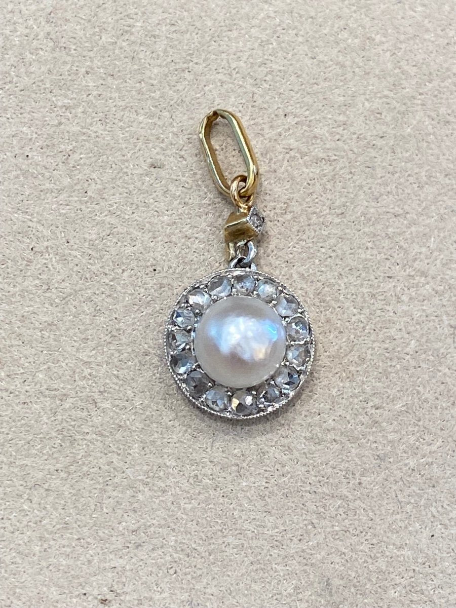 Pendentif Ancien En Perle De Culture Et Diamants Taille Rose