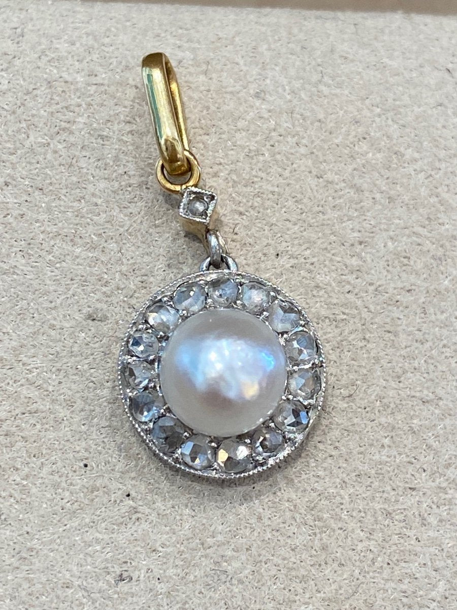 Pendentif Ancien En Perle De Culture Et Diamants Taille Rose
