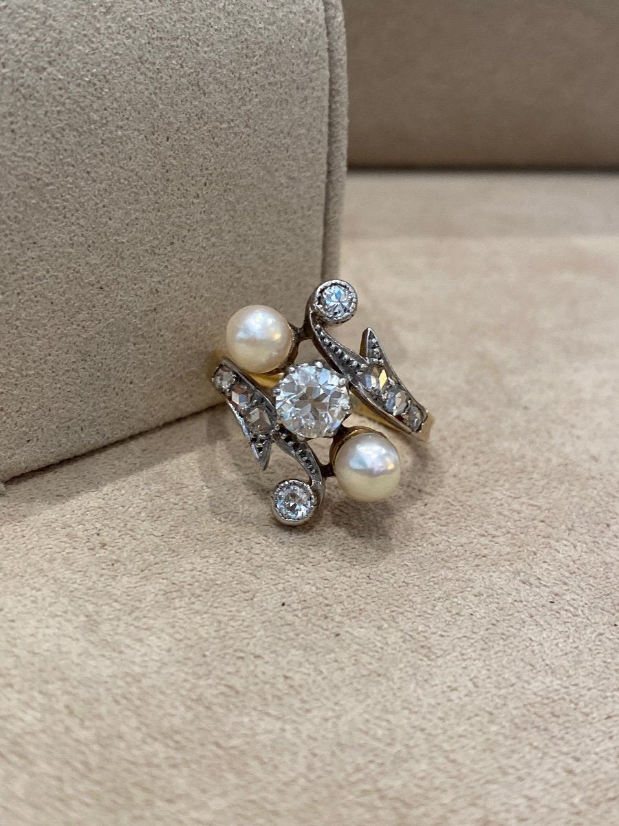 Antique Toi &amp; Moi Ring with Diamonds and Probably Fine Pearls
