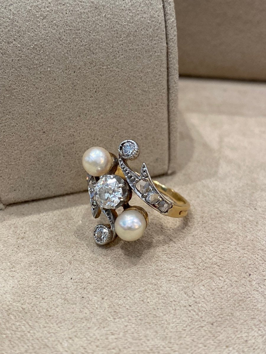 Antique Toi &amp; Moi Ring with Diamonds and Probably Fine Pearls