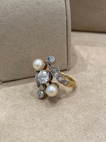 Antique Toi &amp; Moi Ring with Diamonds and Probably Fine Pearls