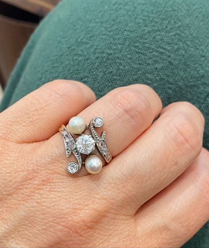 Antique Toi &amp; Moi Ring with Diamonds and Probably Fine Pearls