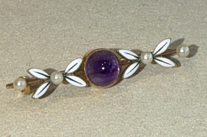 BROCHE ANCIENNE AMETHYSTE, EMAIL & PERLES