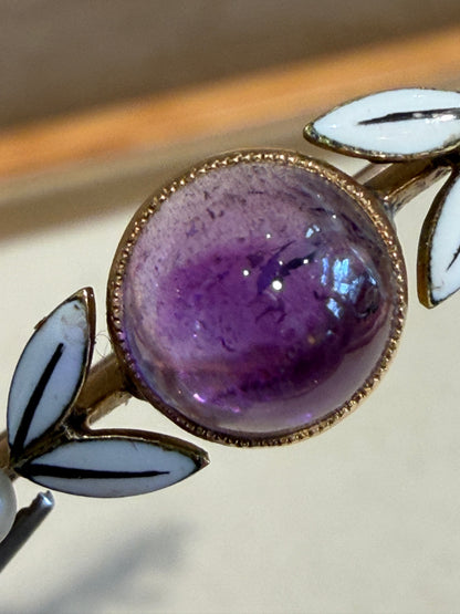 BROCHE ANCIENNE AMETHYSTE, EMAIL & PERLES