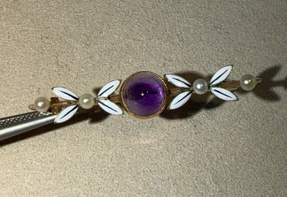 BROCHE ANCIENNE AMETHYSTE, EMAIL & PERLES