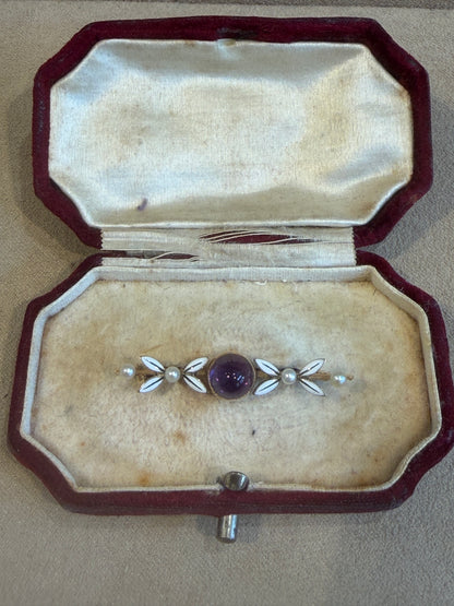 BROCHE ANCIENNE AMETHYSTE, EMAIL & PERLES