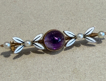 BROCHE ANCIENNE AMETHYSTE, EMAIL & PERLES