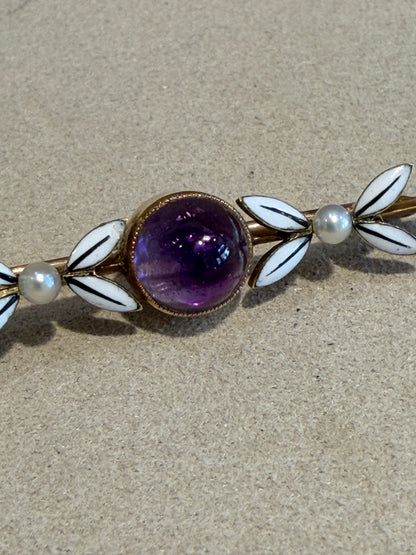 BROCHE ANCIENNE AMETHYSTE, EMAIL & PERLES
