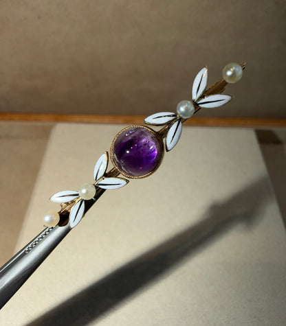BROCHE ANCIENNE AMETHYSTE, EMAIL & PERLES