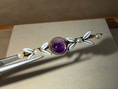 BROCHE ANCIENNE AMETHYSTE, EMAIL & PERLES
