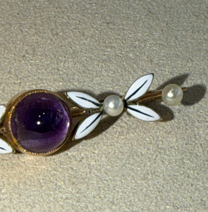 BROCHE ANCIENNE AMETHYSTE, EMAIL & PERLES