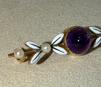 BROCHE ANCIENNE AMETHYSTE, EMAIL & PERLES