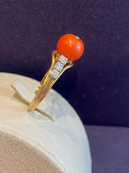 Antique diamond and coral pearl ring