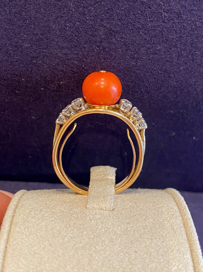 Antique diamond and coral pearl ring