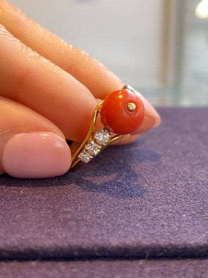 Antique diamond and coral pearl ring