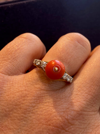 Antique diamond and coral pearl ring