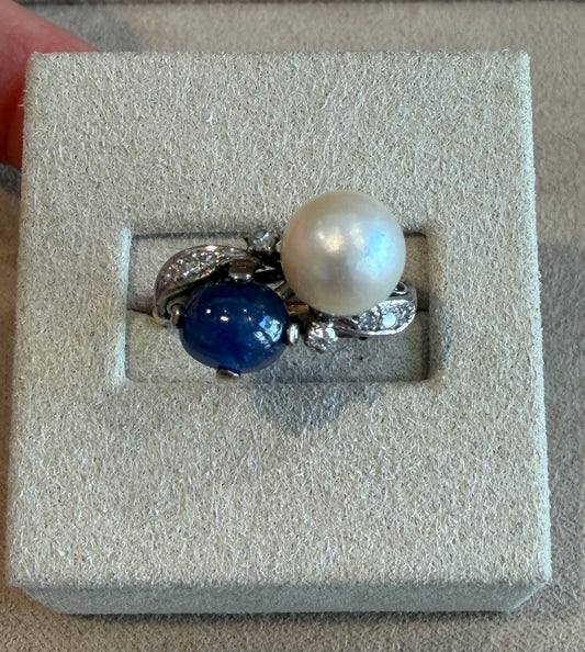 BAGUE ANCIENNE TOI & MOI PERLE & SAPHIR CABOCHON