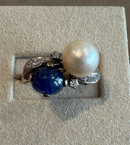 BAGUE ANCIENNE TOI & MOI PERLE & SAPHIR CABOCHON