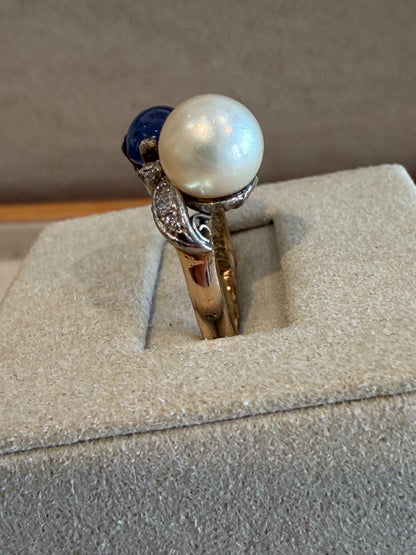BAGUE ANCIENNE TOI & MOI PERLE & SAPHIR CABOCHON
