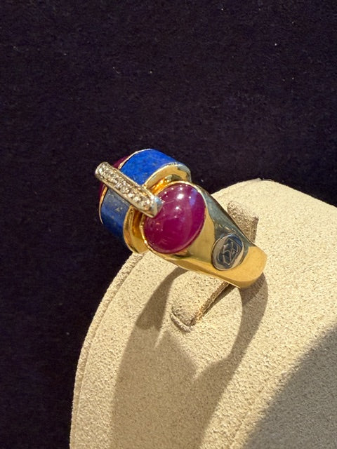 BAGUE ITALIENNE LAPIS, RUBIS & DIAMANTS