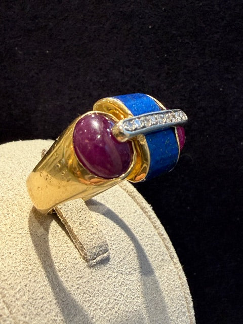 BAGUE ITALIENNE LAPIS, RUBIS & DIAMANTS