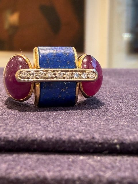BAGUE ITALIENNE LAPIS, RUBIS & DIAMANTS