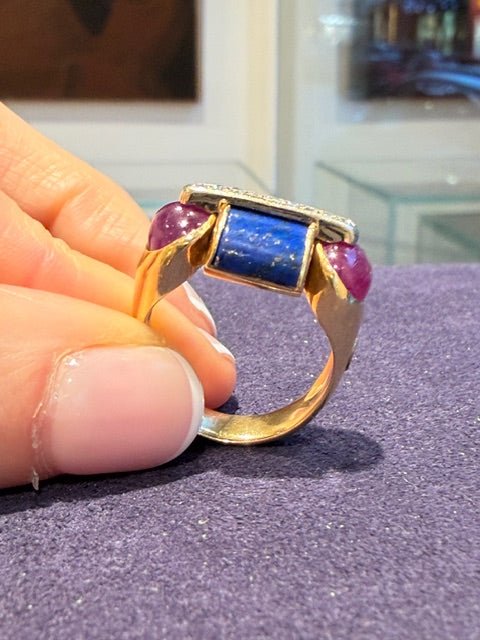 BAGUE ITALIENNE LAPIS, RUBIS & DIAMANTS