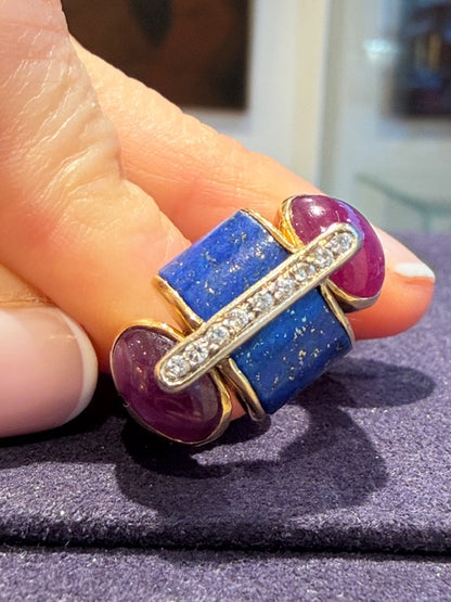 BAGUE ITALIENNE LAPIS, RUBIS & DIAMANTS