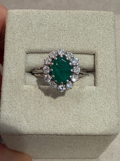 BAGUE ANCIENNE MARGUERITE EMERAUDE & DIAMANTS