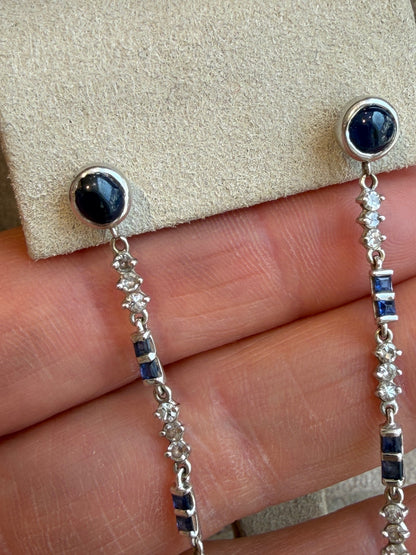 BOUCLES D'OREILLES PENDANTES PERLES, DIAMANTS & SAPHIRS