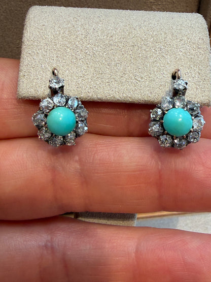 BOUCLES D'OREILLES DORMEUSES DIAMANTS & TURQUOISES