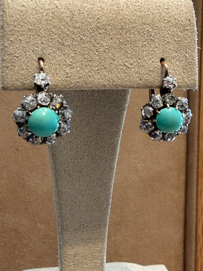 BOUCLES D'OREILLES DORMEUSES DIAMANTS & TURQUOISES