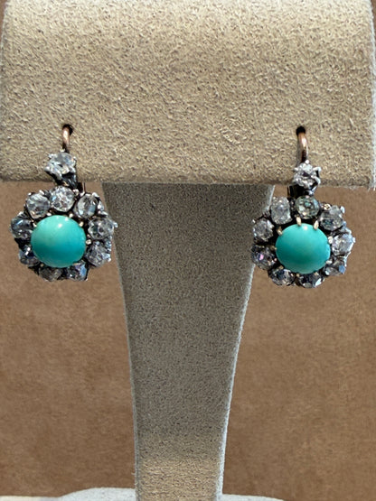 BOUCLES D'OREILLES DORMEUSES DIAMANTS & TURQUOISES