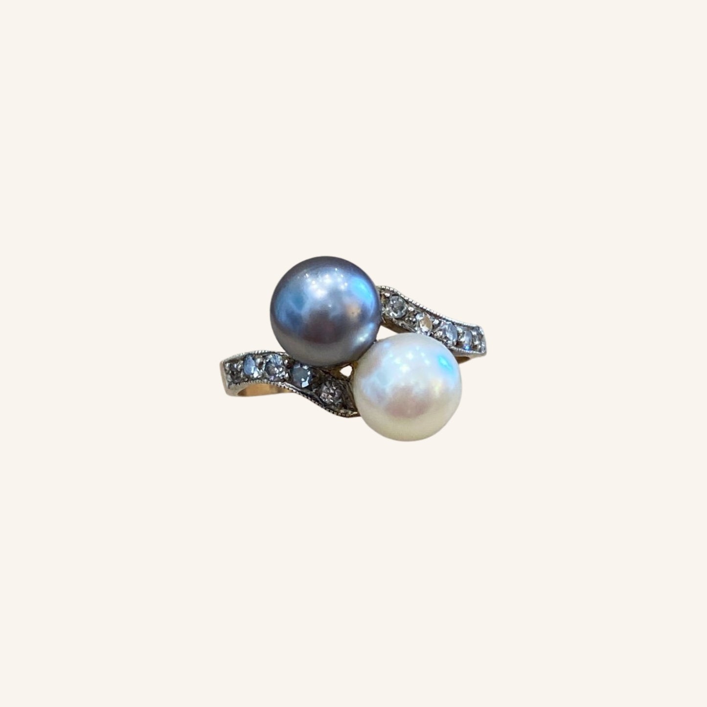 Antique You &amp; Me Ring with Tahitian Pearl and Diamonds