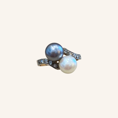 Antique You &amp; Me Ring with Tahitian Pearl and Diamonds
